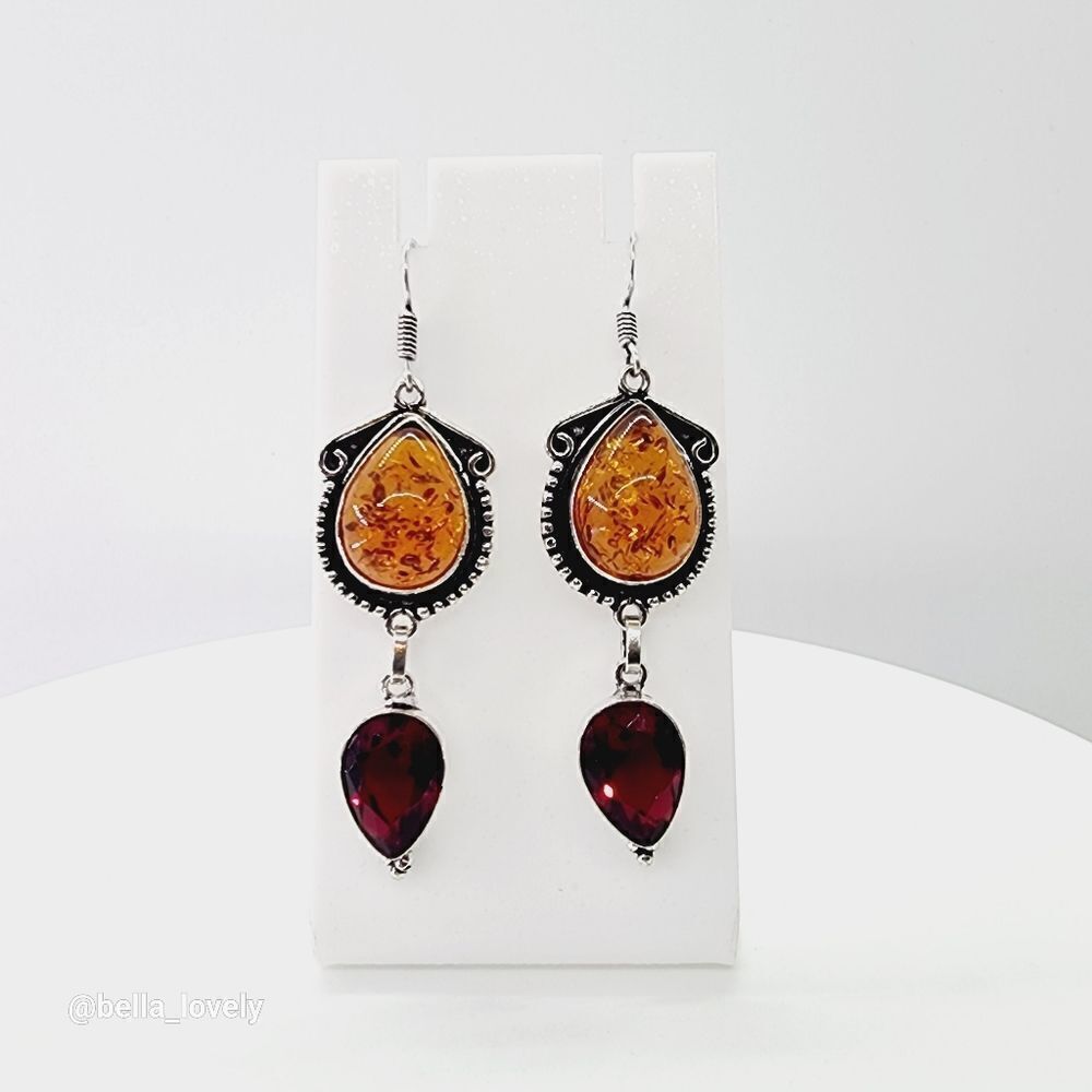 Amber Garnet Handmade Drop Dangle Earrings Jewelry 2.4"